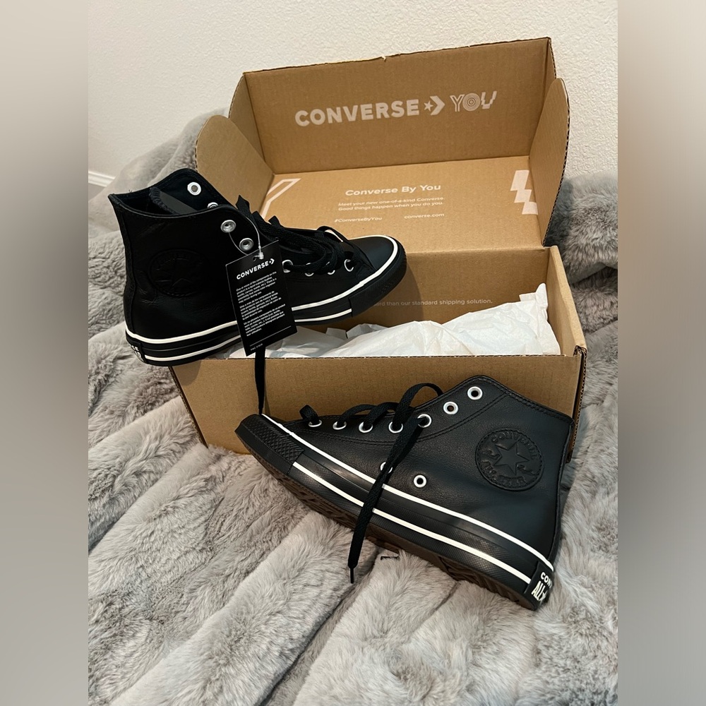 CUSTOM By U Converse Black Leather w/ Off White Piping Women’s Size 8 Men’s 6
